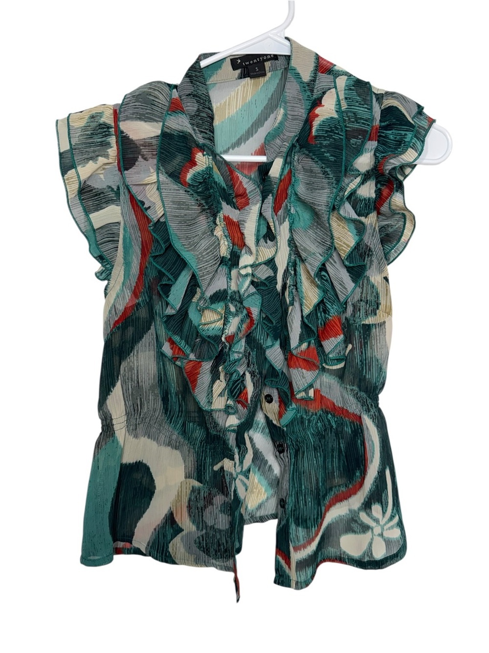 Forever 21 Teal Multi Ruffled Cap-Sleeve Blouse
